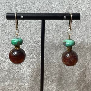 Handmade brown and turquoise bead gold drop dangle earrings